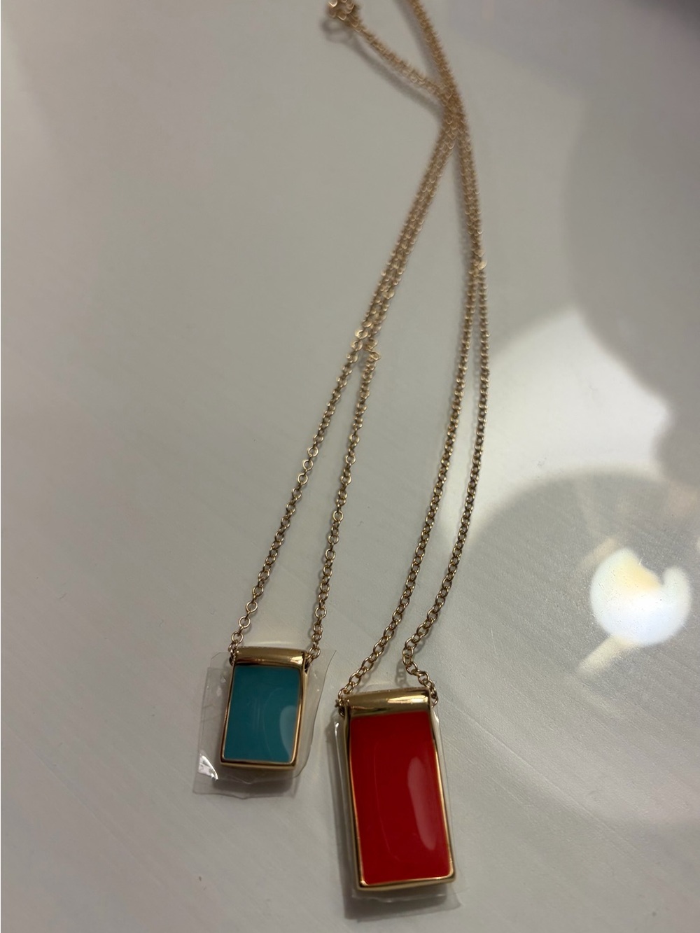 Gold-Tone Reversible Pendant Necklace with Red or Turquoise Rectangular Enamel